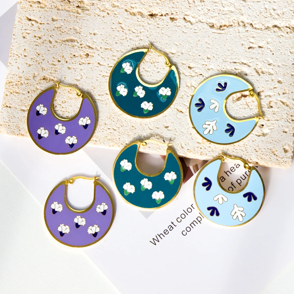 LUXUKISSKIDS Unique Trendy Woman\'s Hoops Earrings Blue Acrylic Green Purple Earrings Hyperbole Jewelry Floral Circles Earrings