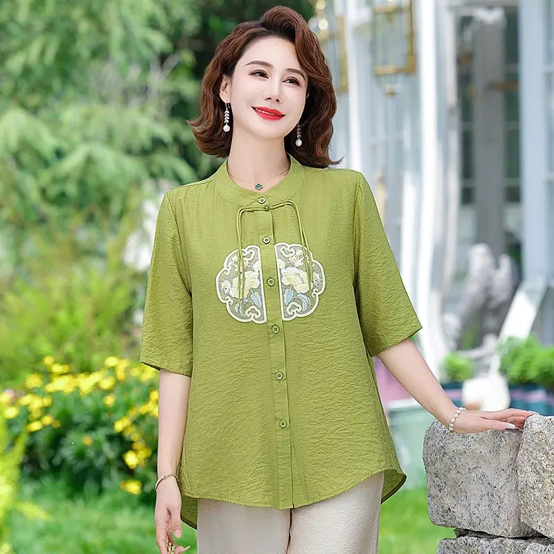 

Женский новый стиль, сращенный круглый вырез, пуговицы, модный однотонный свободный повседневный топ с короткими рукавами и вышивкой