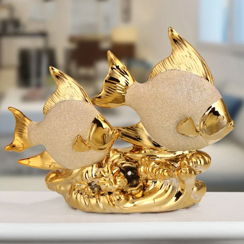 

European Ceramic Fishes Statue Figurines Crafts Home Decoration Wedding Gifts Fengshui Office Desk Gold Lucky Accessories Decor