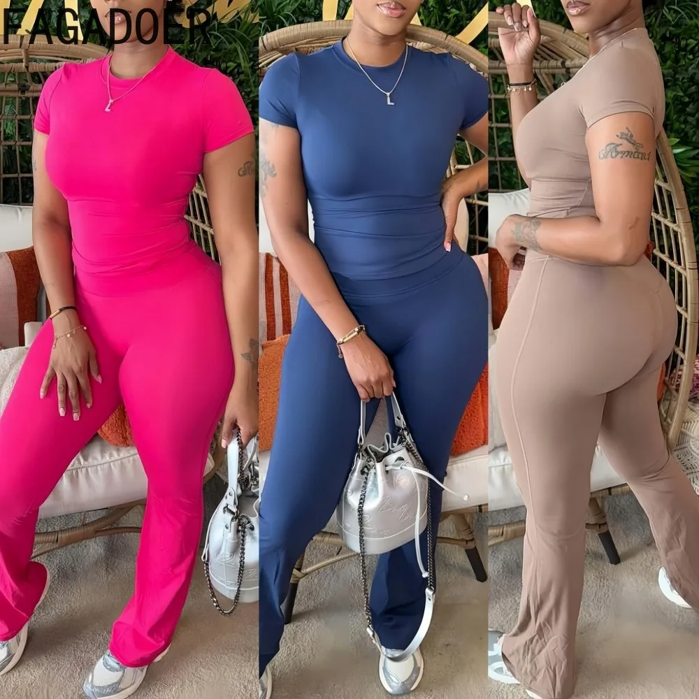 

FAGADOER Casual Woman 2 Piece Set Outfit Solid Color Short Sleeve Crop Top and Skiny Pants Matching Female Streetwear Clothing