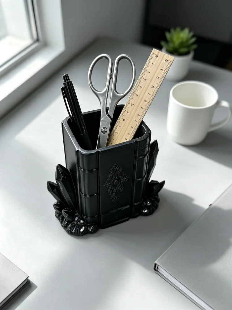 Dark Gothic Style Pen Holder with Crystal Cluster Base, Vintage Embossed Book Design, Petg Material Pen Storage Container, Desktop Organizer, Stationery Storage Tube, Storage for Pencils, Pens, Scissors, Rulers, Makeup Brushes, Suitable for Student Desks, Study Rooms, Office Desks, Dressing Tables, Creative Desktop Decoration, Halloween Personalized Gift, Office and Student Gifts