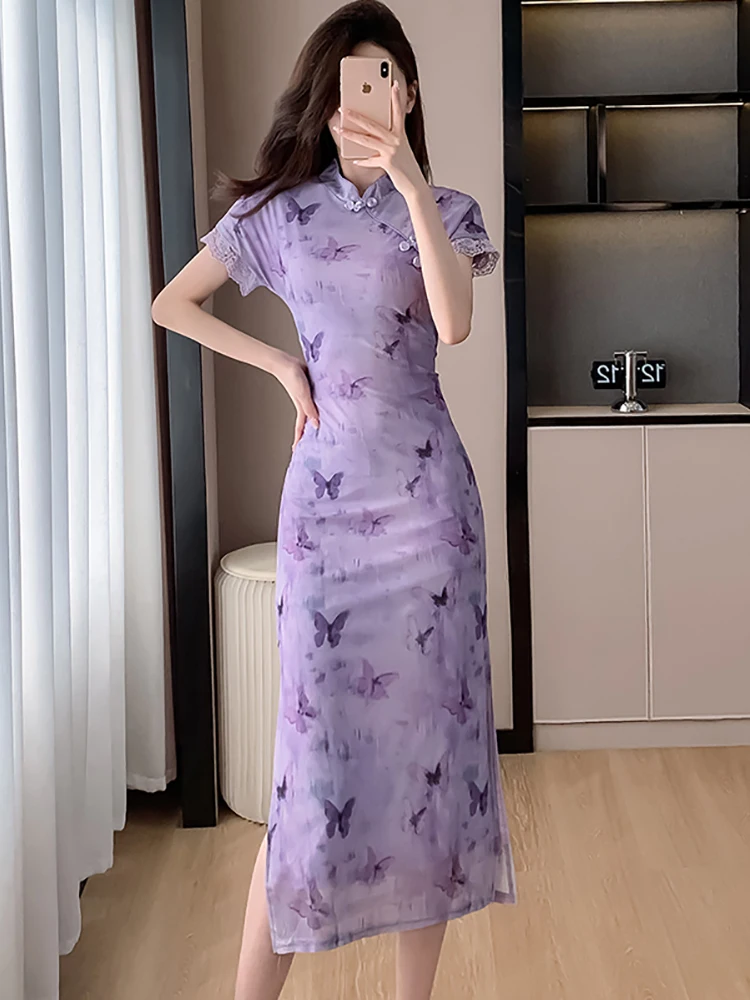 Women Purple Print Chic Lace Short Sleeve Midi Dress 2024 Korean Vintage Luxury Party Vestidos Summer Elegant Bodycon Prom Dress