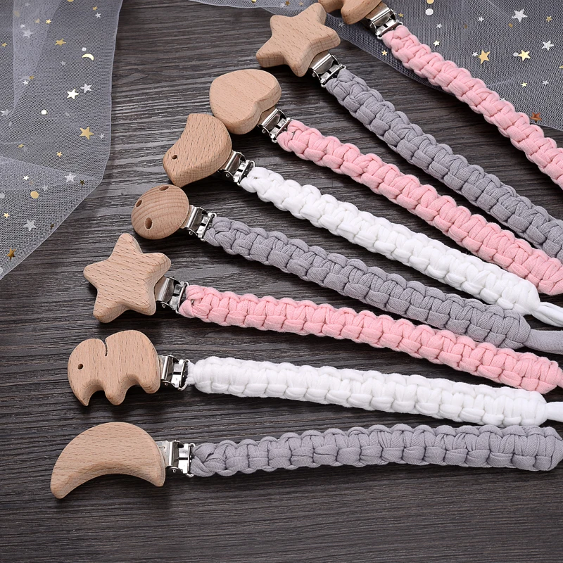 Creative Handmade Weaving Cotton Nipple Clip Chain Baby Teething Care Toy DIY Wooden Infant Animal Pacifier Dummy Holder Clip