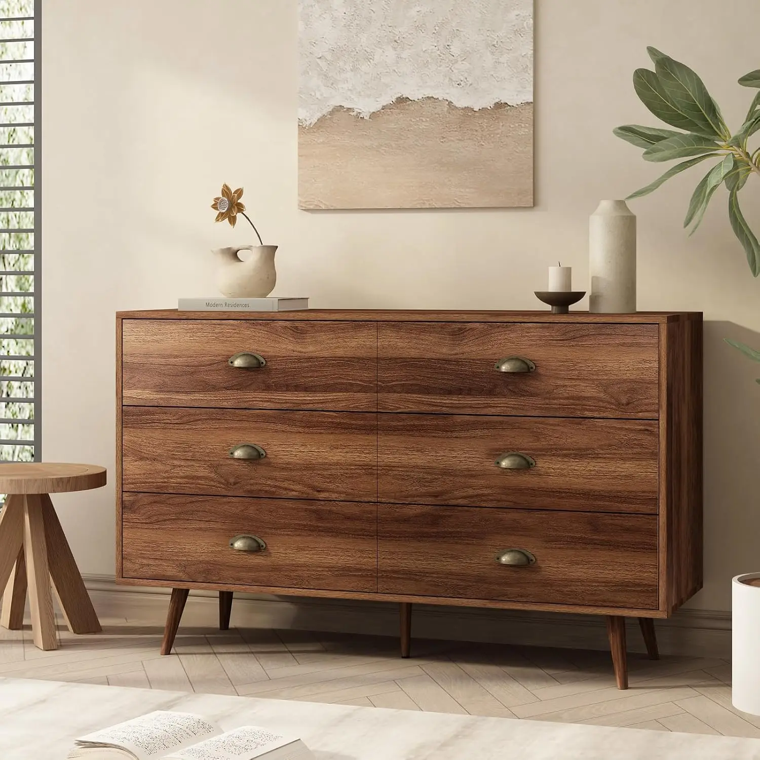 Walnut Brown Dresser for Bedroom, 6 Drawer Dresser with Wide Drawers and Metal Knob, Wood Dressers & Chest of Hallway