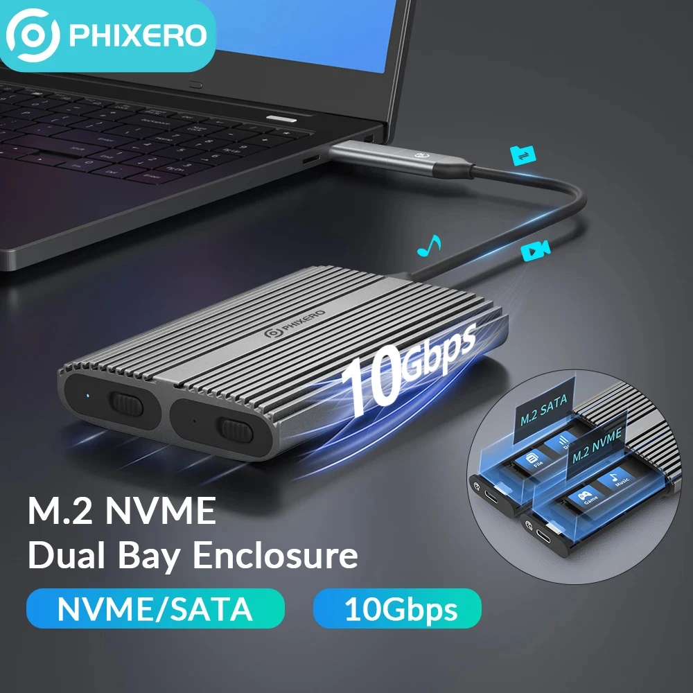 PHIXERO 10Gbps Tool Free Dual Bay M.2 NVMe SATA 2bay SSD Enclosure Blazing Speed Thunderbolt 3 Compatible for Windows Macbook PC