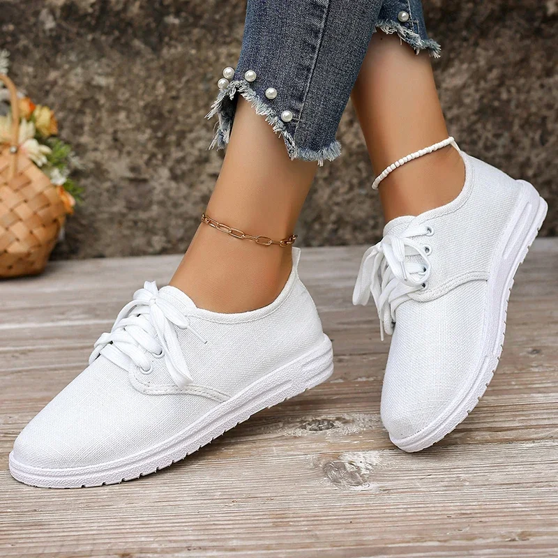 Shoes for Women 2024 Hot Sale Lace Up Spring Women's Flats Round Toe Solid Low Heels Outdoor Breathable Casual Flats Shoes