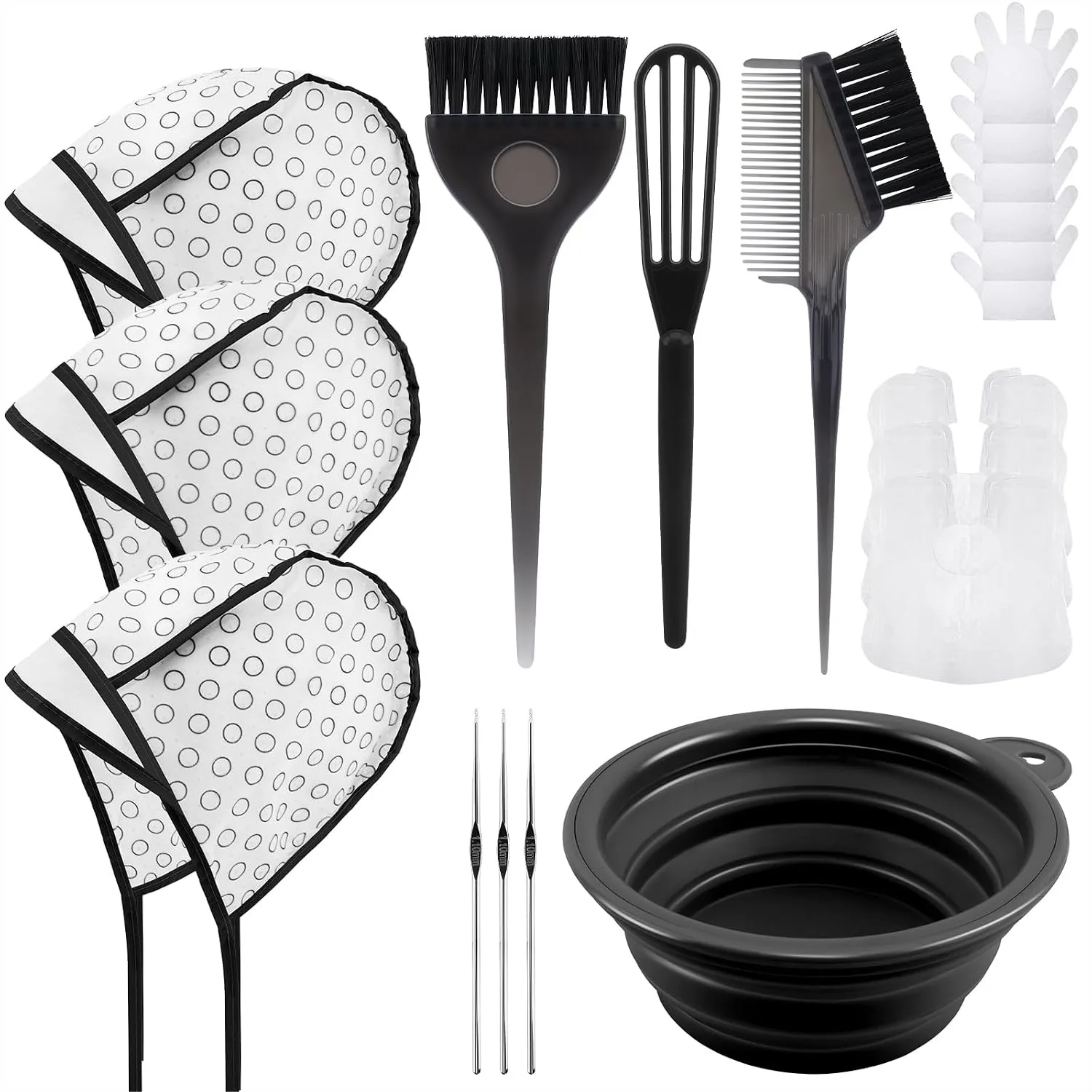 

19PCS Hair Highlighting Kit with Dye Brush Bowl Set for Home Use - Black Frosting Cap Gloves Capes