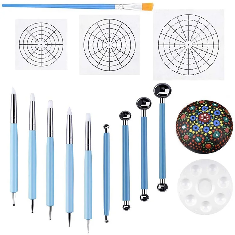 ABJS Set of 14 Mandala Dotting Stencil Tools Rock Painting Kit Dotting Tools Include Templates, Paint Tray, Mandala Tools