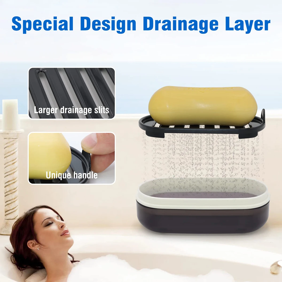 Portable Bathroom Soap Holder Container Box for Shower Black Covered Travel Soap Dish Double Layered Bamboo Storage