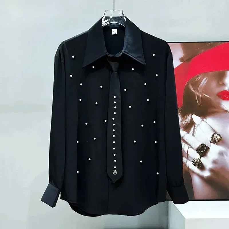 Niche Design Shoulder Pad Lapel Collar Long Sleeved Men's Shirt Trendy Pearl 2025 Korea Fashion Male Tops FGHY7