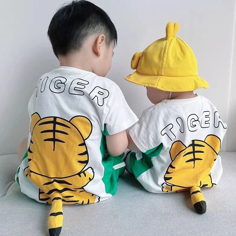 Summer Baby Dinosaur Outfit, Internet-famous Boys' Cotton Short-Sleeve Sports Two-Piece Set, Super Cute Little Tiger Clothes for
