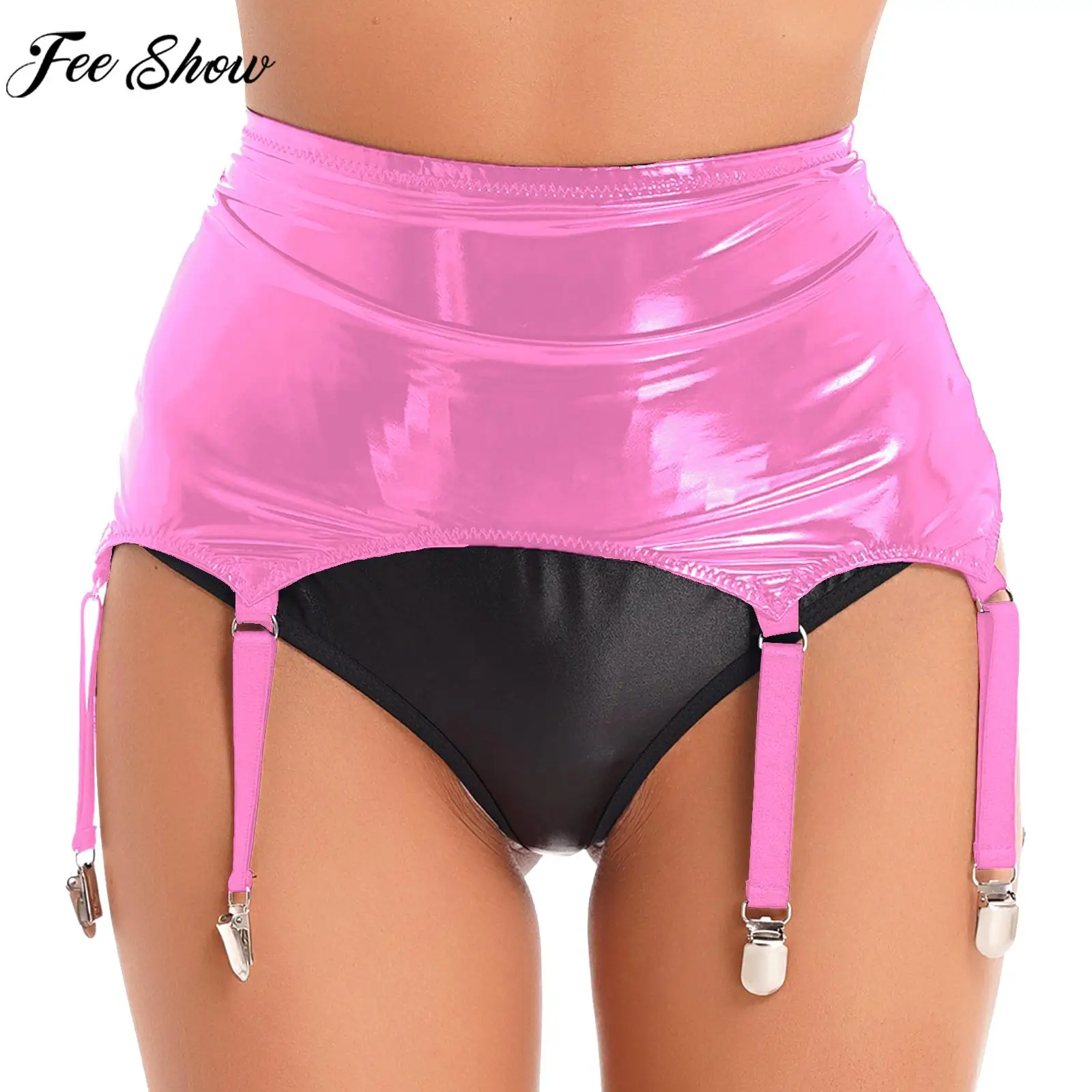 Womens Patent Leather Garters with Metal Clips Underwear Nightclub Rave Party Pole Dancing Stage Performance Costume Nightwear