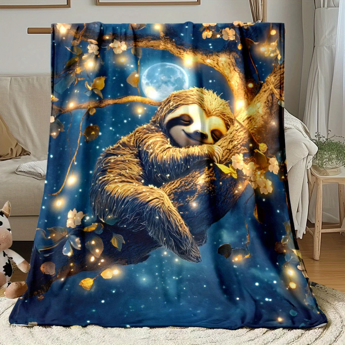 1pc Sloth Hanging Under Moon Blanket - Lightweight Flannel All-Season Soft Warm Throw for Sofa Bed Camping Travel, Cozy Sloth &