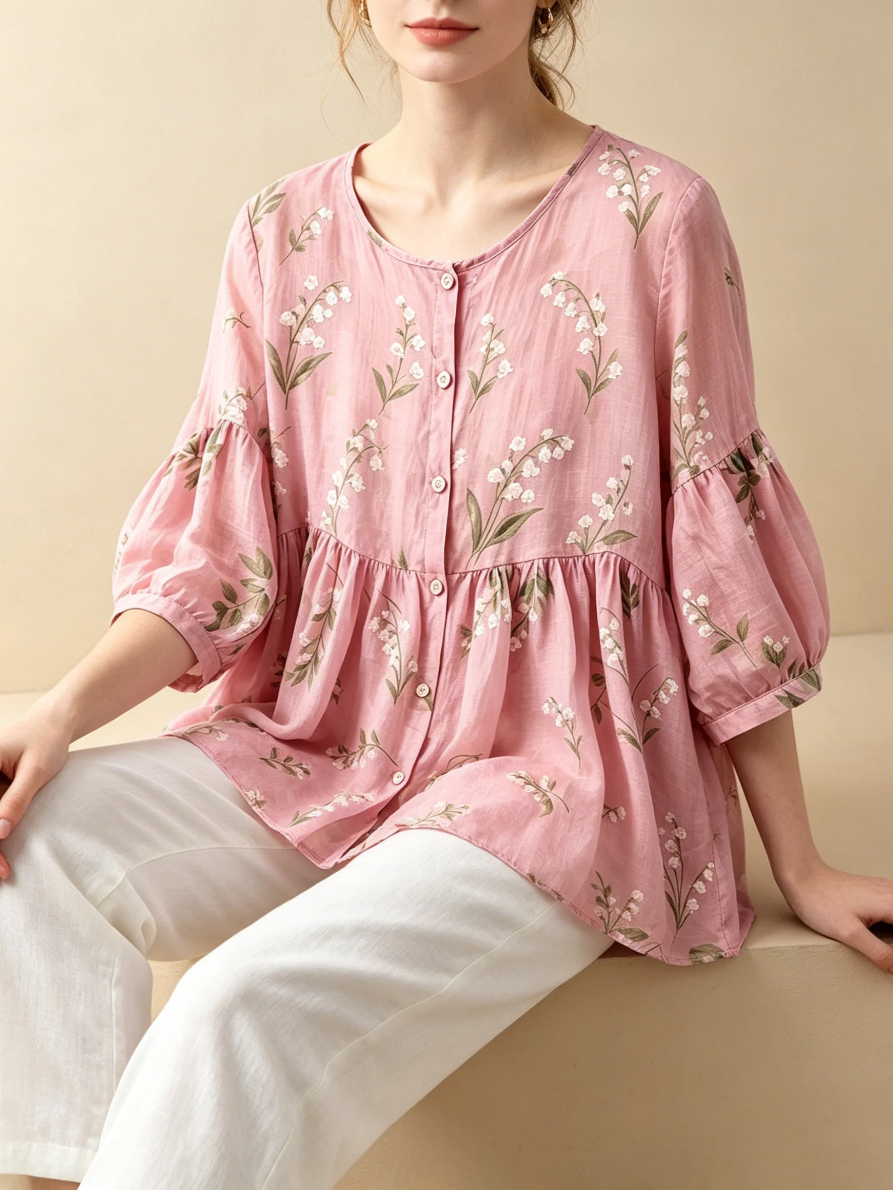 Women Cottagecore Floral Babydoll Blouse Crew Neck Button Short Lantern Sleeve Loose Soft Breathable Daily Casual Shirt