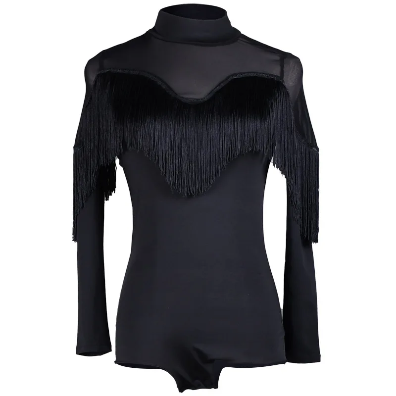 Latin Dance Sexy Ballroom Dance Dance Costume Tassel Shirt Mesh Longsleeves Adult Modern Dance Tops Ladies Practice Clothes