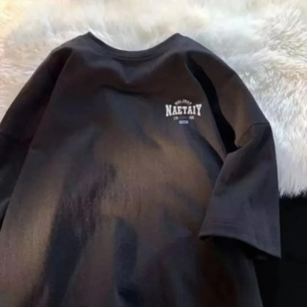 Men Oversized T‑Shirt American Vintage Letter Print Loose Short Sleeve Round Neck Casual Trendy Couple Matching Tops Streetwear