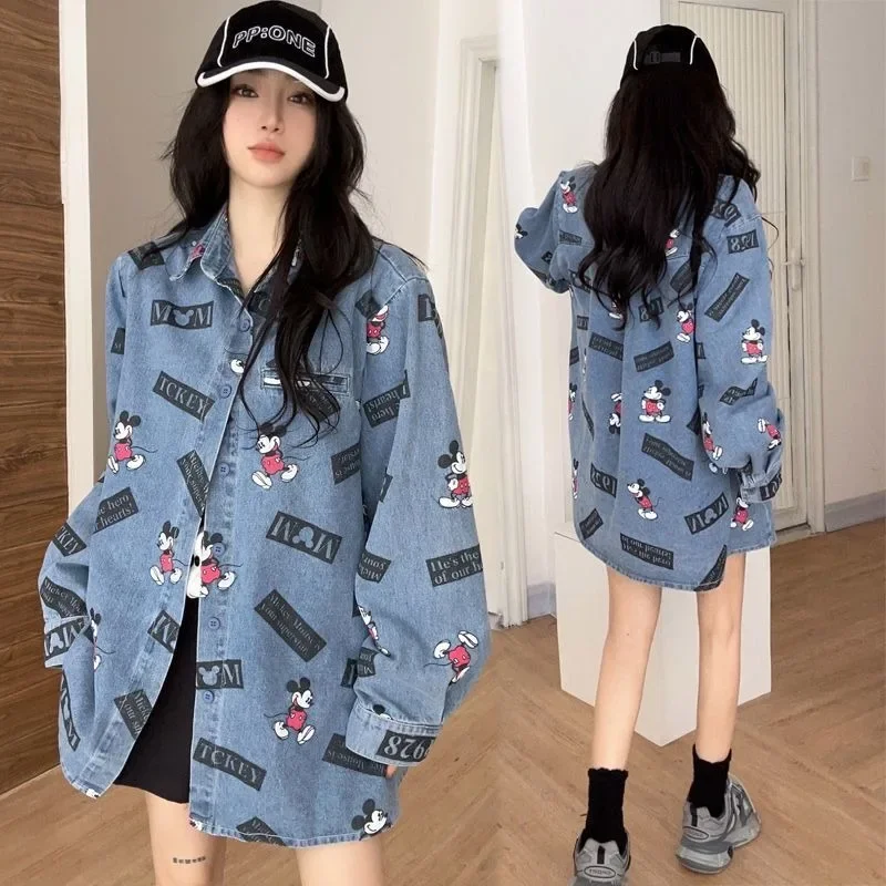 

Disney anime kawaii Mickey cartoon print pattern trendy denim shirt jacket for men and women denim jacket tops for couples