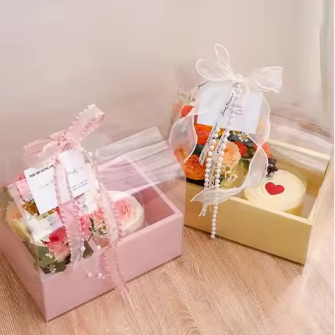 PVC Transparent Double Grid Portable Flower Box Valentine's Day Flower Cake Boxes Festival Baking Packaging Portable Gift Box