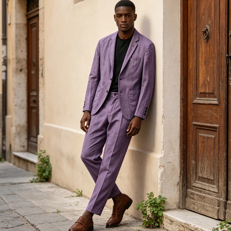 Men Linen Suit 2 Piece Set Notched Lapel 2 Buttons Casual Blazer Lightweight Breathable Summer Beach Wedding Business Outfit