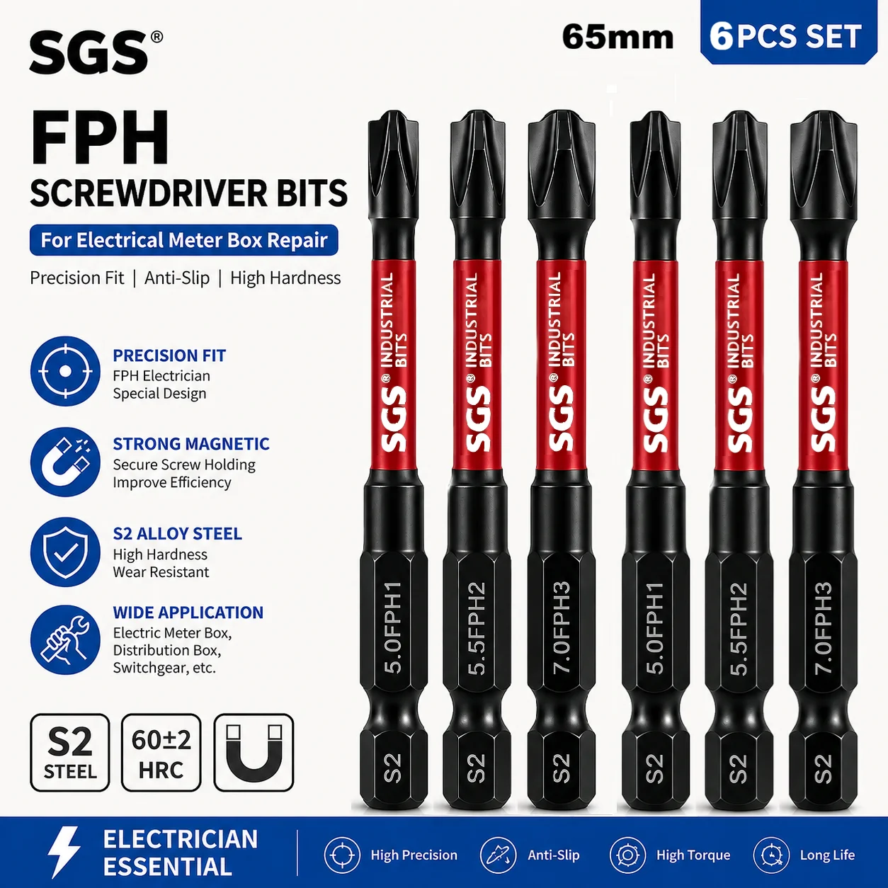 FPH Electrician Screwdriver Bit Set 65mm Magnetic S2 Steel D