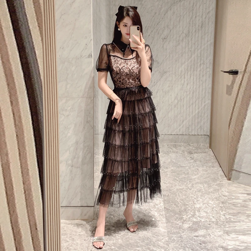 

Elegant Pink Lace Mesh Beaded Dress Women 2024 New Lapel Bubble Short Sleeve Black Lace Cake Dress High Quality Party Long Gowns