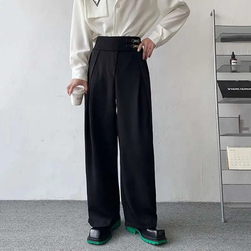 LUZHEN Stylish Straight Suit Pants Men\'s Loose Casual 2025 Elegant Trendy Wide Leg Metal Buckle Design Straight Trousers 03e3be