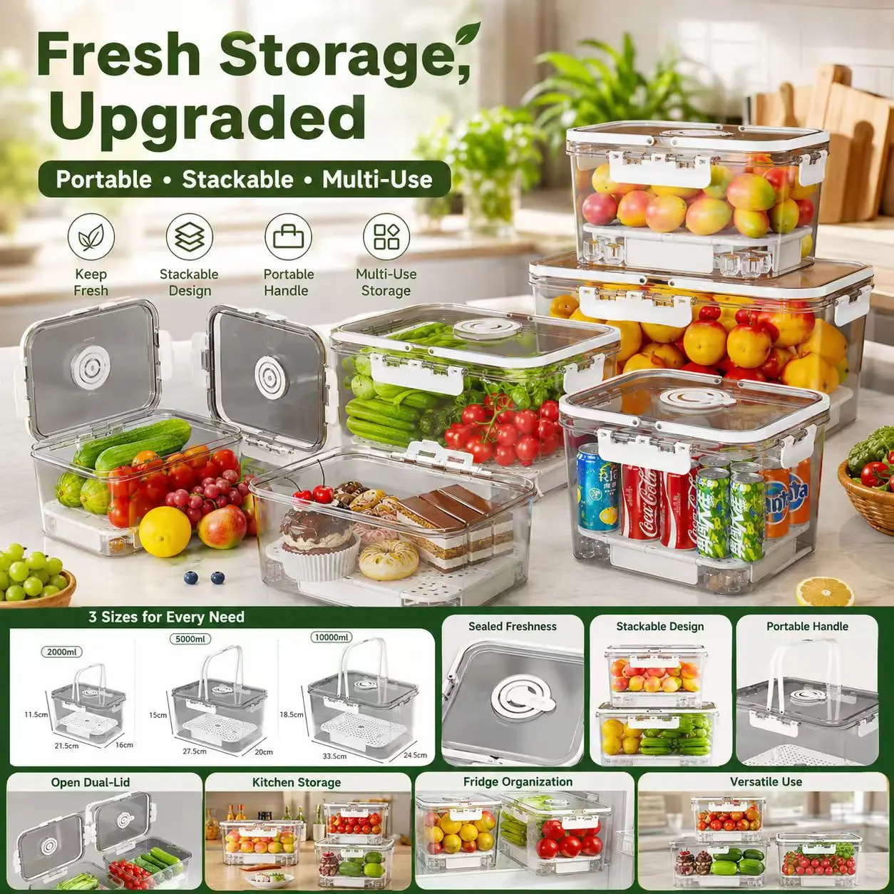 Portable Refrigerator Storage Bento Box, Simple Pure Design, Sealed Leak-Proof Freshness, Stackable Kitchen Food Organizer