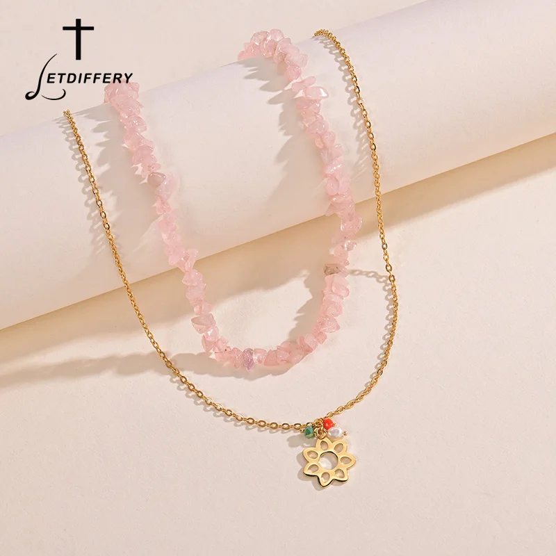 Letdiffery Double Layer Colorful Stones Flower Pendant Necklace Stainless Steel Pink Stone Choker For Women Party Jewelry Gifts