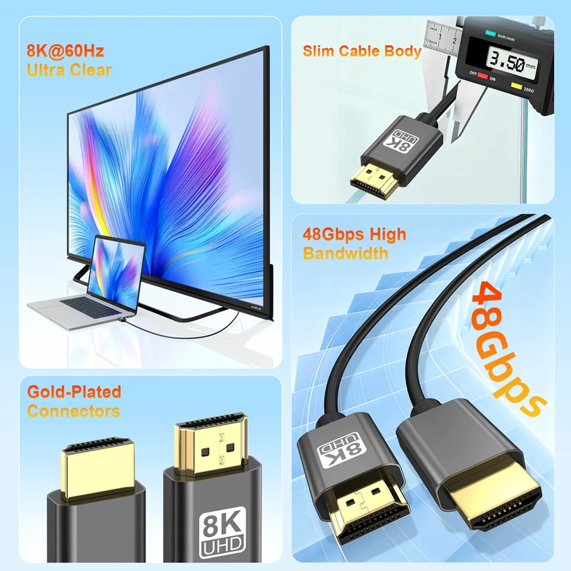 8K@60HZ 1M HDMI 2.1 Male to Male Video Audio Cable For PS5 XBox HDTV PC Monitor HDR Video TV Projectors HDTV PS4 Laptop