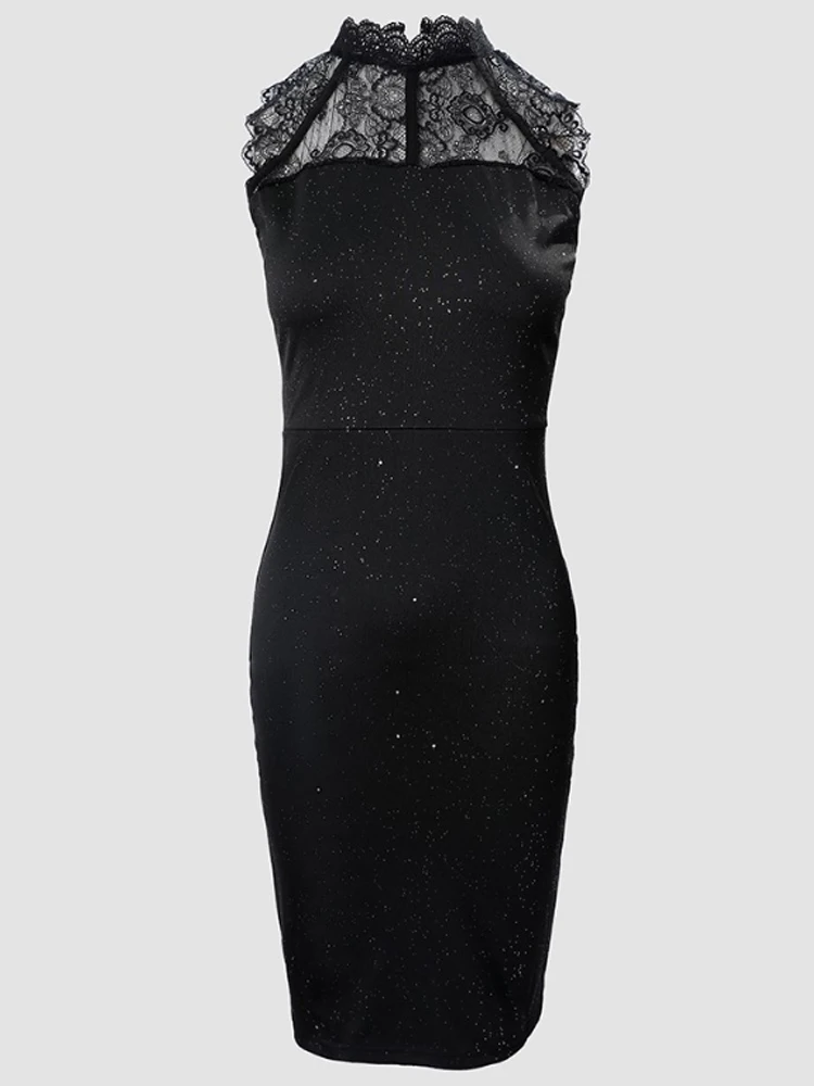 Women O-neck Sleeveless Glitter Contrast Lace Party Dress