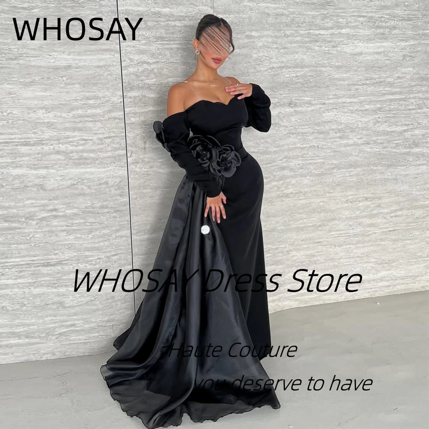 

WHOSAY Black Prom Dresses Boat Neck Long Sleeves Evening Party Dress with Flowers Flutters Vestidos Des Fiesta Customized