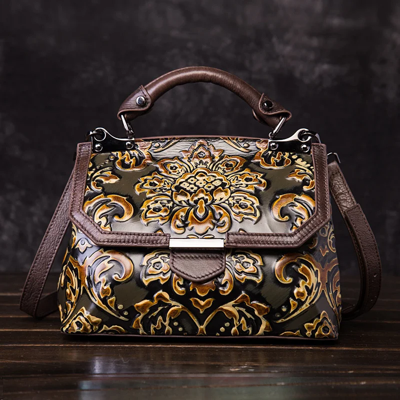 High Quality Women Handbag Genuine Leather Cross Body Bag Embossed Vintage Real Cowhide Female Messenger Shoulder Tote