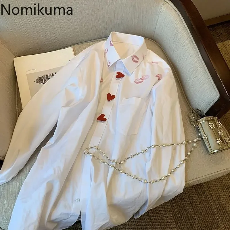 Nomikuma Blusas Para Mujer Spring Autumn Turn Down Collar Lip Print Shirts for Women Fashion Elegant Casual Camisas De Mujer