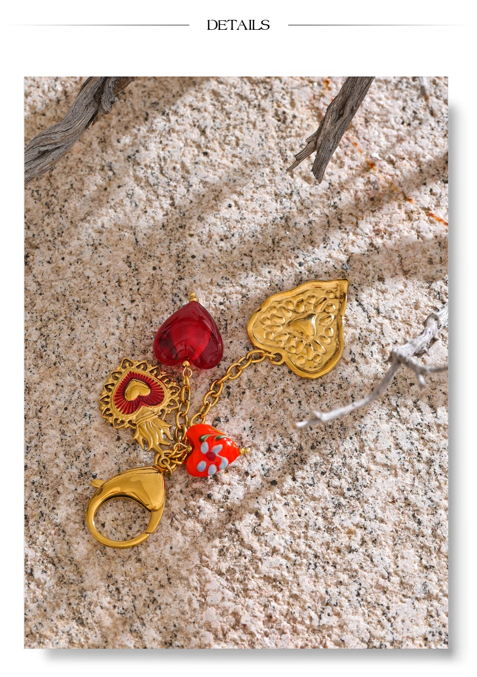 Yhpup Süßer Romantischer Roter Keramik-Glas-Herzanhänger Schlüsselanhänger 18K Vergoldeter Edelstahl Sommer-Rucksack Exklusiver Schlüsselring – Detail 8