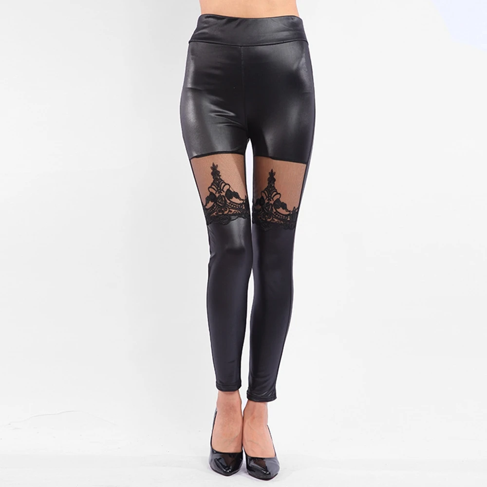 Sexy Lace Trim Faux Leather Leggings For Women High Waist Skinny Fit Stretchy Leather Look Leggings Autumn Winter