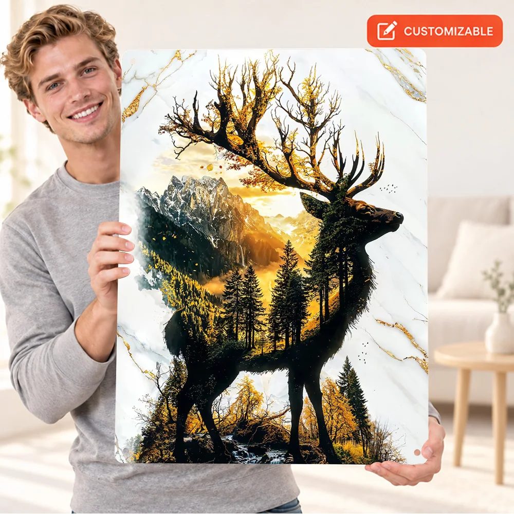 Elk Double Exposure Mountain Forest Printed Poster Painterly Wall Art For Lodge Personalized Aluminum Metal Sign Birthday Gift