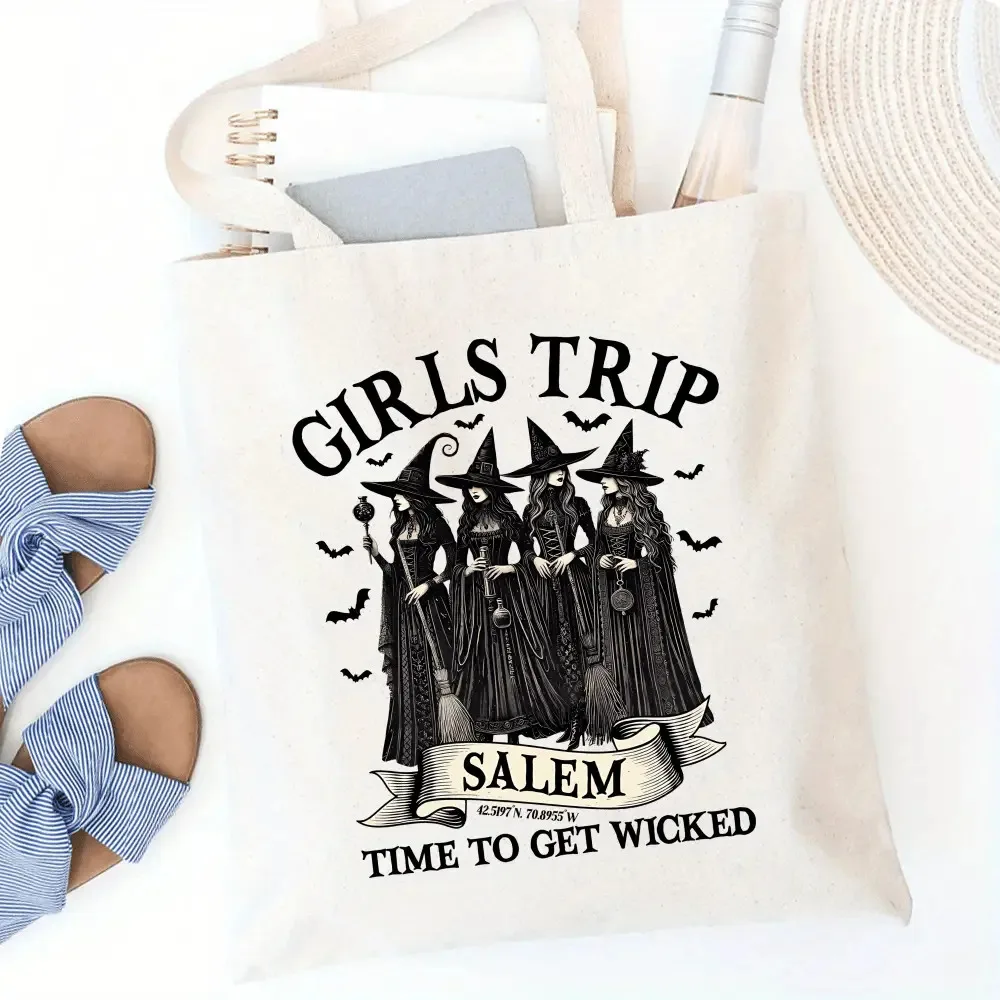 Girls Trip Salem Canvas Tote Bag, Time To Get Wicked Witch Print Shoulder Bag, Halloween Witchy Reusable Shopping Bag for Women
