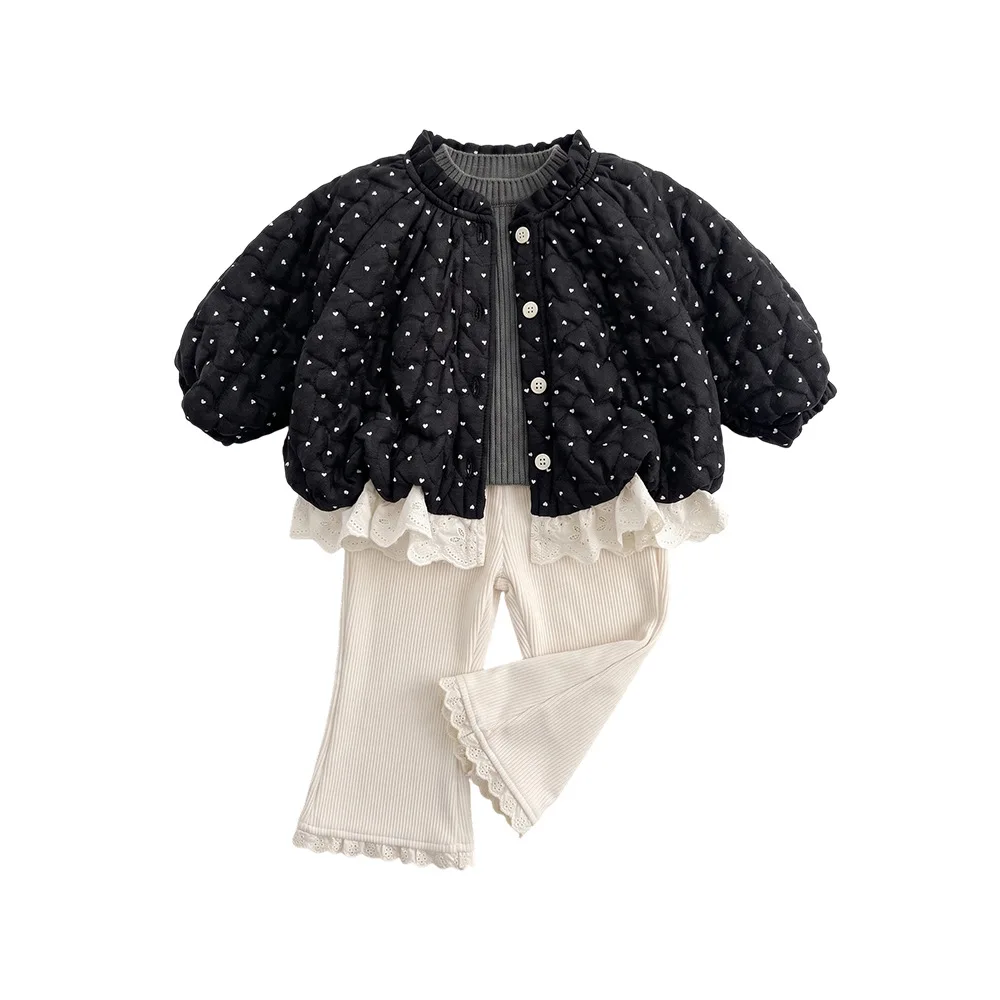 Sweet Wind Girls Winter Cotton Jacket Little Girls Lace Edge Quilted Wave Point Clip Cotton Jacket Warm Childrens Clothing