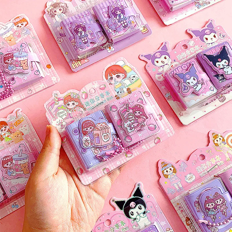 4PCS Kuromi My Melody Cinnamoroll Hello Kitty Cartoon Mini Sharing Book Sanrio Pendant Small Book Notepad Cute Page Notebook