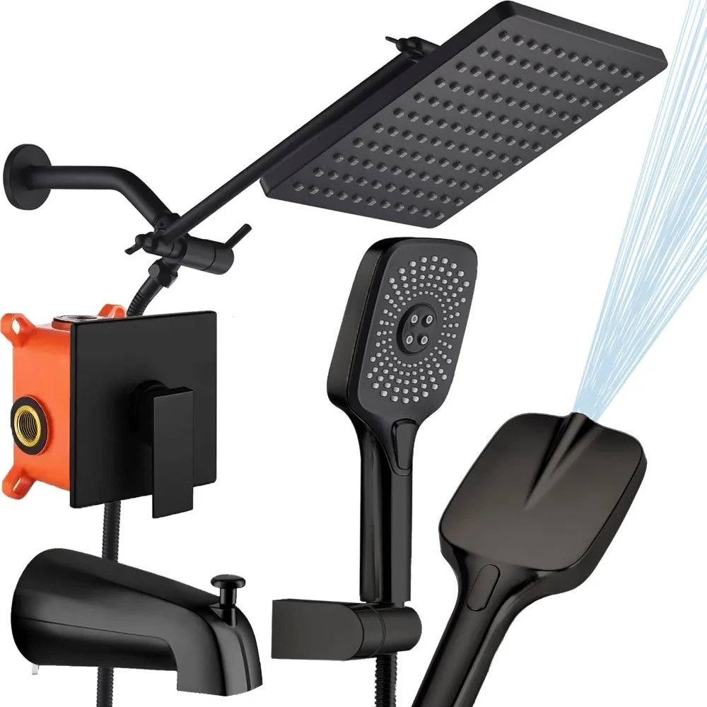 

Modern Luxury Matte Black Shower System with 10 Inch Rainfall and 4-Setting Mixer for Wall Mount