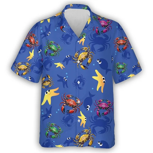 하와이안 킹 크랩 그래픽 비치 셔츠, 귀여운 불가사리 쉘 셔츠, 남성 의류, 크랩 산호 반팔, 여성 휴가 상의 