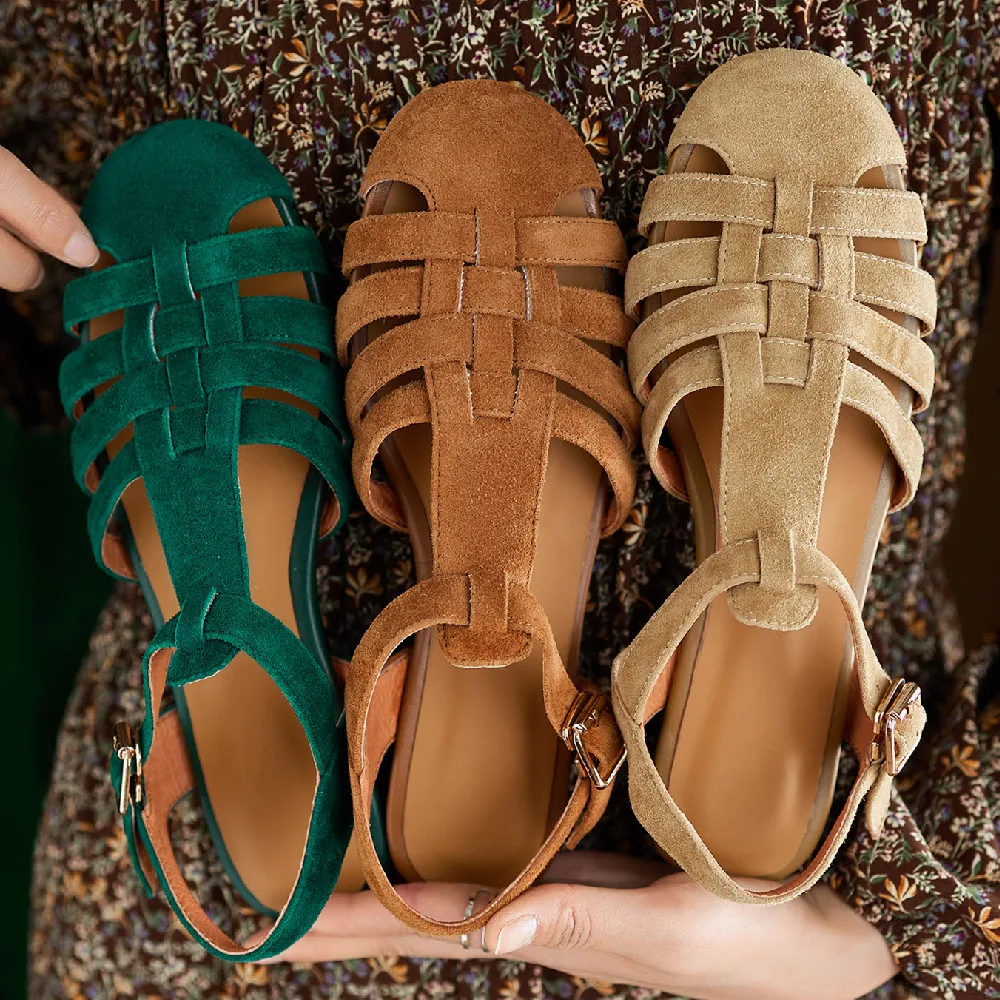 

Women's natural suede leather narrow band braided t-strap flats sandals round toe casual female rome style summer shoes women