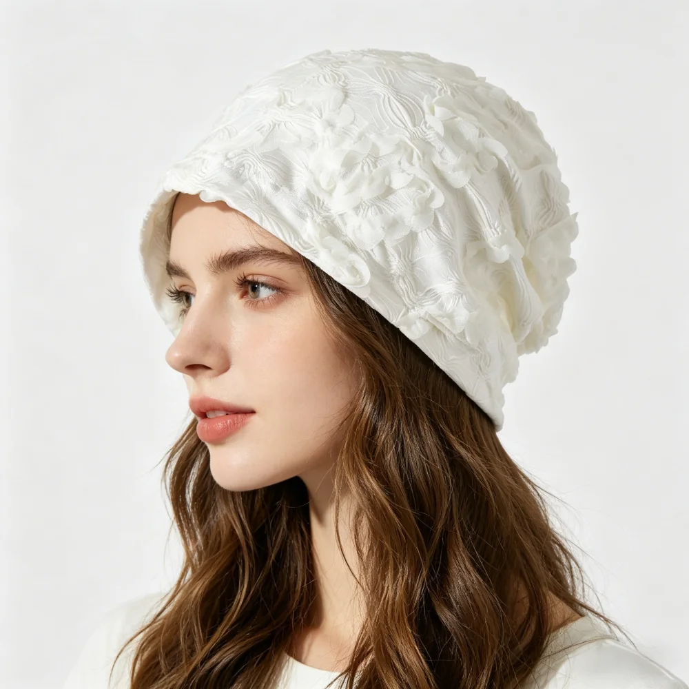 

3D Floral Lace Slouchy Beanie Hat for Women - Elegant White Flower Textured Turban, Soft Casual Skull Cap for Spring Summer