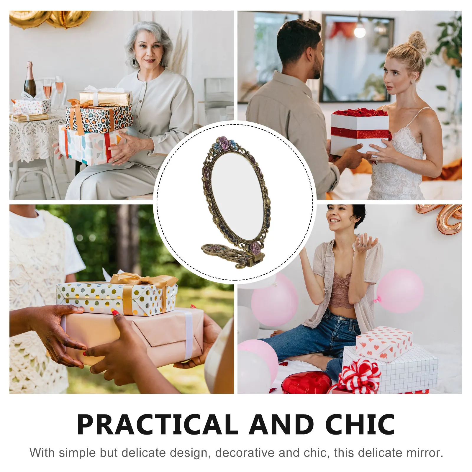 

Ретро-зеркало для макияжа в ручной рамке из прочного цинкового сплава, компактное, для женщин, для путешествий, использования на улице, в подарок на вечеринку