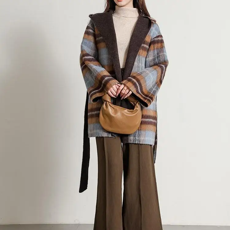 Korean style hooded checkered double-sided cashmere coat, medium to long, winter new style, loose lace up yak wool coat