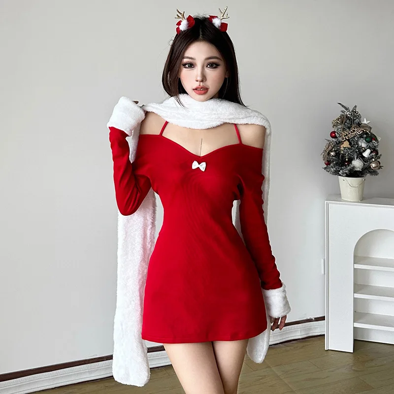 

2024 autumn and winter new sexy V-neck Christmas robe off-shoulder high waist slim-fitting hip-wrapped dress women