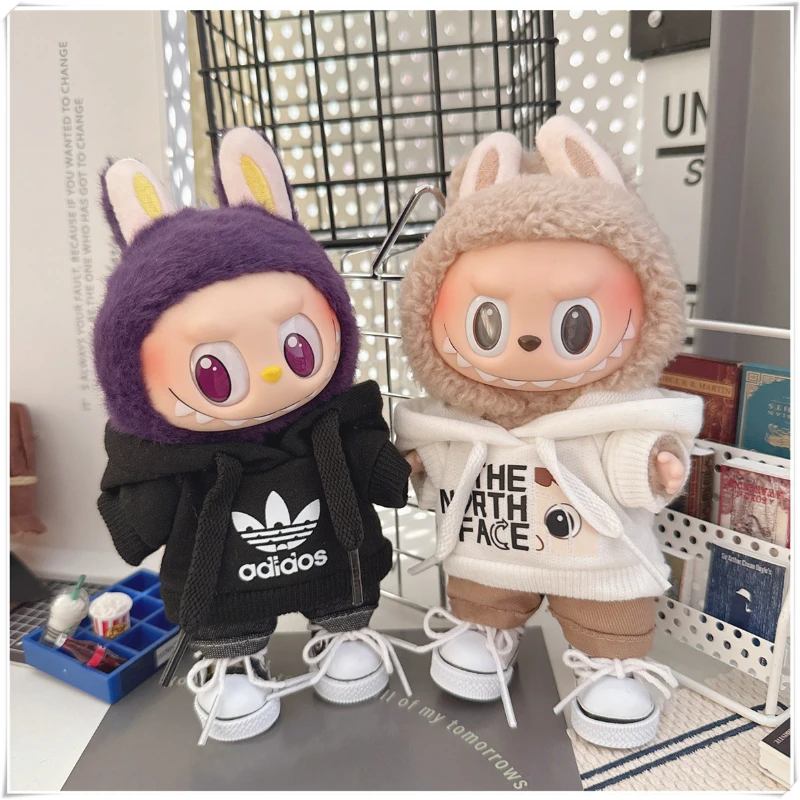 Labubu V1 V2 Bambole Vestiti alla moda Accessori fai da te Giocattolo regalo per 15/17 cm Labubu Doll Abbigliamento Moda Felpa con cappuccio e pantaloni Scarpe Set
