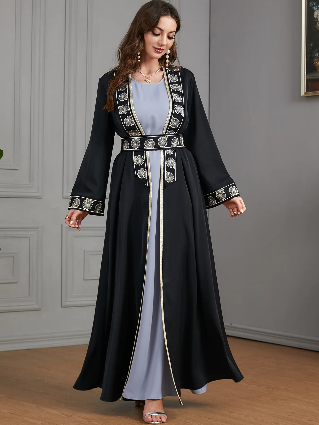 Eid Muslim Women 2-częściowe zestawy Otwarte sukienki z haftem Abaya Szarfy Jalabiya Vestidos Arabska szata Ramadan Maroko Dubaj Kaftan