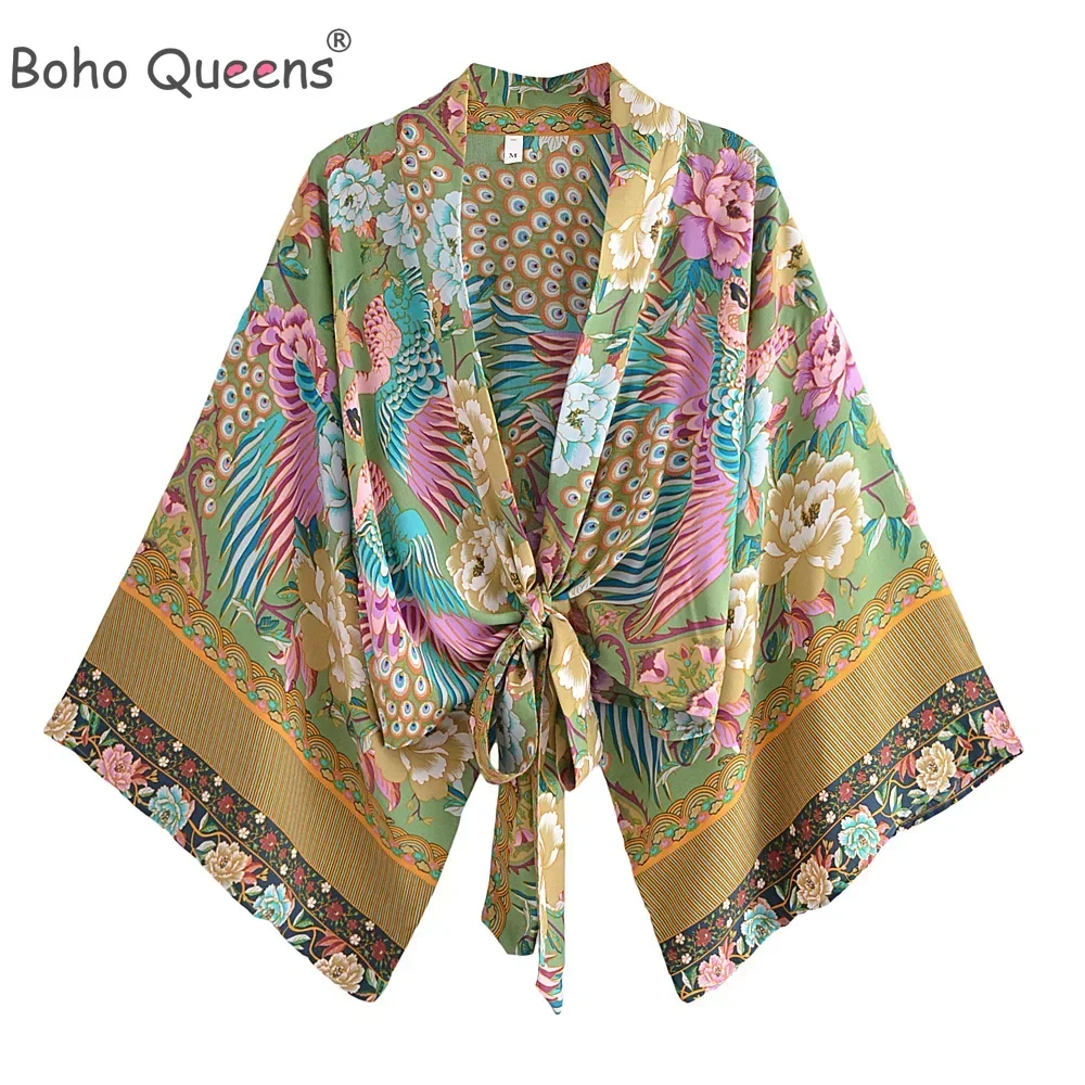 Boho Queens Peacock Short Robe Kimono Swimsuits Women Fashion Floral Batwing Sleeves Rayon Bohemian Bikini Cover Ups Beachwear