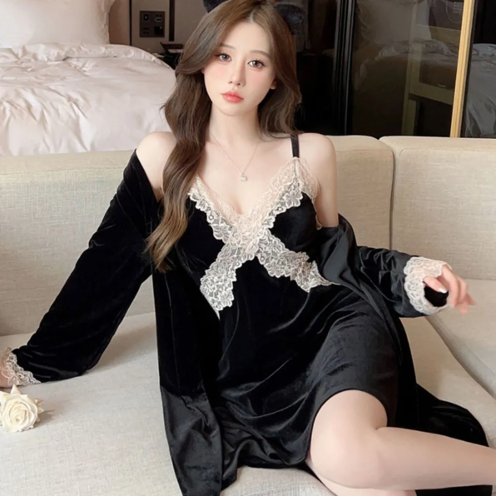 2 Pieces Gold Velvet With Chest Pads Nightrobe Wearable Outside Sling For Women Female Hot Caliente Seductive Sexy Lingerie Set